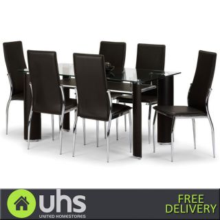 BOSTON CHROME AND GLASS DINING SET WITH 4 OR 6 BROWN FAUX LEATHER 