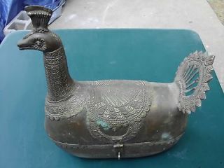 Beautiful Indian Brass Peacock Room Warmer/Coal Keeper 16 Long Heavy 