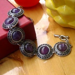 NEW IN vintage TIBET SILVER CHARMING ROUND AMETHYST BEADS BRACELET