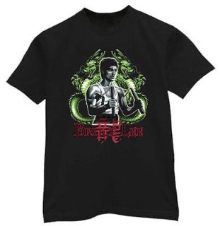 Bruce Lee dragons green dragon design mens black t shirt tee shirt