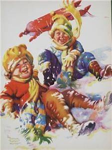 FRANCES TIPTON HUNTER VINTAGE CHILDREN SNOW SLEDDING A+