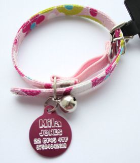 CAT KITTEN PINK BLUE FABRIC FLOWER COLLAR WITH BELL AND ID TAG 