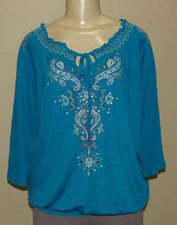 RXB NEW Turquoise Embroidered Peasant Blouse Size XLarge NWT