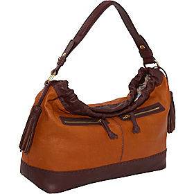 395 ISABELLA FIORE Drawcord Caitlin Hobo Cognac Leather Handbag Bag 