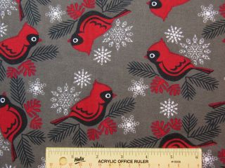 Red Cardinals Snowflakes on Gray Winter Cotton Flannel Fabric BTY 
