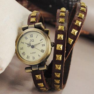 Vintage Coffee Fashion Rivet Belt Unisex Ladies Wrist Watch Quartz 