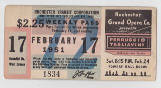 FEBRUARY 17 1951 ROCHESTER NY TRANSIT CORP CITY LINES PASS