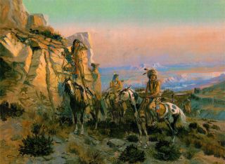 1902 Charles Russell Painting Trouble Hunters, Indians Southwestern 