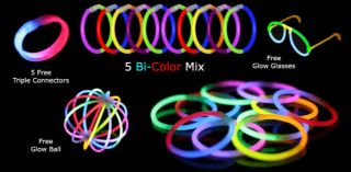 100 8” Premium Glow Stick Bracelets (bi colored, +glow glasses and 