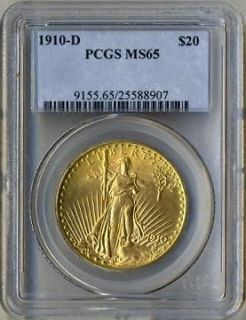 PCGS MS 65 1910D $20 SAINT GAUDENS GOLD UNITED STATES COIN 1910 D MS65