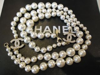 AUTHENTIC* Chanel DOUBLE CC LOGO PEARL GOLD NECKLACE *STAMPED *10V