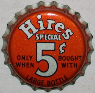 Rare soda pop bottle cap HIRES SPECIAL large 5 cents cork lined new 