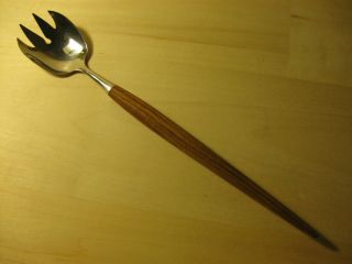 MID CENTURY MODERN STAINLESS AND WOOD HANDLE SALAD FORK 11 1/2 MADE 