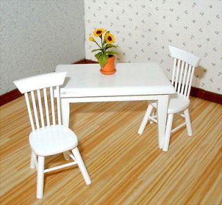   Miniature Furniture ~ White Wood Kitchen Table with Two Chairs