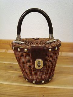 Vintage Mr Jonas Round Brown Wicker Leather Purse Bag Basket
