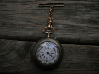 Circa 1880 90 Remontoir Cylindre Womens Pocket Watch, Flowered Dial 