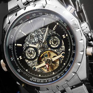 New STEAMPUNK Silver Skeleton Stainless Steel Automatic Mechanical Men 