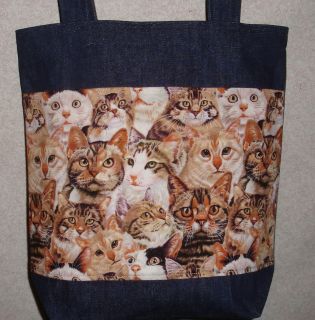 NEW Handmade Medium Cat Kitten Feline Heads Denim Tote Bag