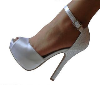 White Satin Rhinestone Platform Peep Toe Ankle Strap Bridal Heel Pumps 