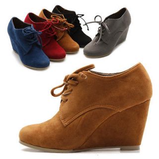 ollio Womens Shoes Faux Suede Wedge Heels Fashion Ankle Lace Ups Boots