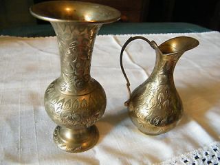 Collectible Brass Ornate Vase & Pitcher Set 2 Signed Made in India 4 