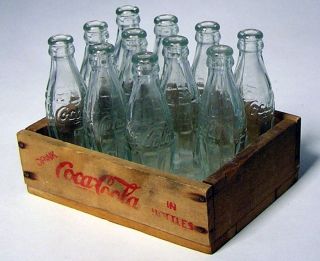 11) Old Tiny COCA COLA Glass Bottles + Wood Case, Bottles 2 1/2 Tall 