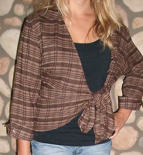 COLDWATER CREEK BROWN PLAID TOP CROSS OVER BODICE V NECK SZ PM LINEN 