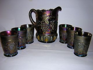 1930s NORTHWOOD 6 pc Amethyst GRAPE + CABLE Design WATER PITCHER 