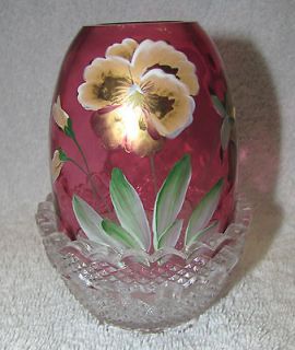 FENTON CRANBERRY HAND PAINTED GOLDEN PANSY FAIRY LIGHT LAMP SIGNED 