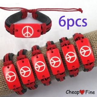   6PCS Peace Red Acrylic and Red hemp Genuine Leather bracelets