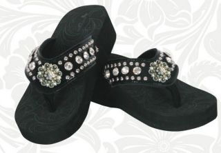   West Womens Rhinestone Sandals Flip Flops Bling   Flower Concho Black