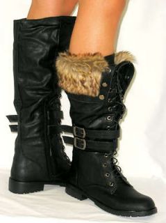   Tall Motorcycle Buckle Flat Riding Boot*Faux Fur Cuff BLACK 7.5