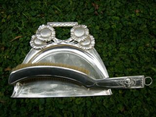 Antique pewter silverplate crumb tray & brush sunflower