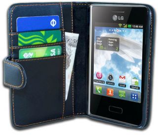 Black Wallet Leather Flip Case for LG E400 Optimus L3   Cover Holster 