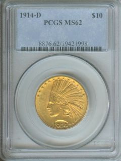 1914 D $10 INDIAN EAGLE PCGS MS62 GOLD COIN MS 62 !!!!!