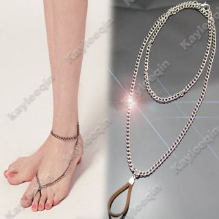 Silver Chain Anklet Bracelet Foot Harness Leather Toe Ring Barefoot 
