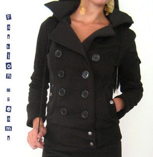 BLACK DOUBLE BREASTED HOODED WARM WINTER COAT JACKET PEACOAT MILITARY 