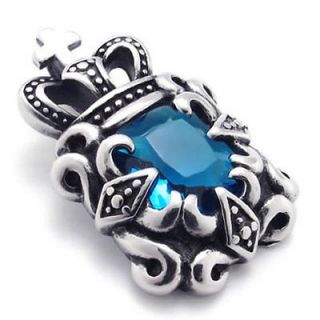 Blue Stone Vintage Silver Stainless Steel Crown Pendant Mens Necklace 