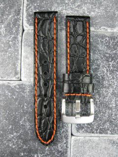 BIG GATOR 22mm LEATHER STRAP Band Black with Orange Stitch for OMEGA 