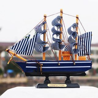 Small blue wooden boat ship sailboat model crafts desk decor gift