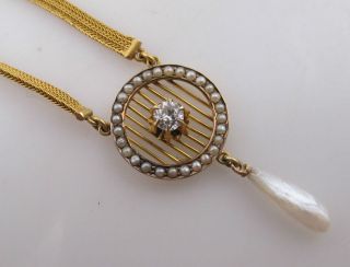   WOVEN 14K YELLOW GOLD DIAMOND PEARL NECKLACE LAVALIER ANTIQUE