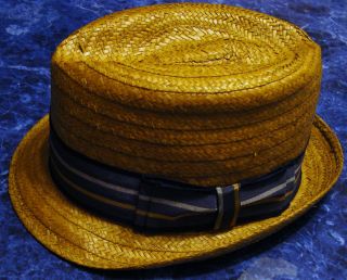 Dobbs Brown Straw Cocoanut Hat Used 6 7/8 W/ Striped Cloth Band