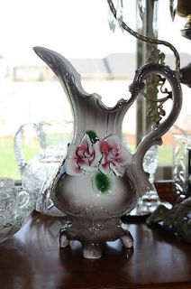 Large Capodimonte Double Pink Roses Pitcher Vase Antique ITALY VINTAGE