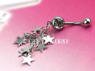   Steel Crystal Stars Chain Dangle Navel Belly Button Ring Bar Piercing
