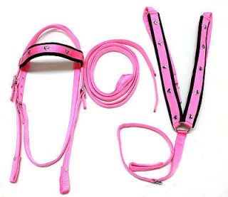 Hot Pink Nylon with Silver Hearts Bridle and Breast Harness Full Horse 