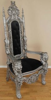 Carved Mahogany Lion Head Gothic Throne Chair   King Silver and Black