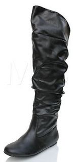 Black Slouchy Faux Leather PU Over the Knee High Flats Boots SODA Dyan