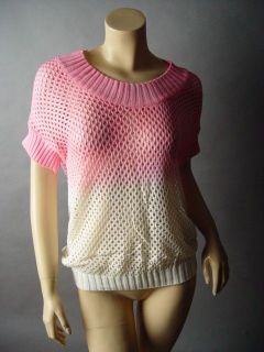 Dip Dye Ombre Loose Knit Crochet Short Sleeve Pullover Top Jumper 