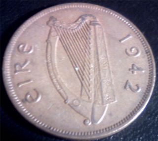 RARE Irish 1942 Penny AUNC 1d Ireland Hen+Chicks Old Eire Coin
