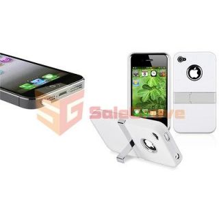White w/ Chrome Stand Hard Case Skin+White Headset Dust Cap For iPhone 